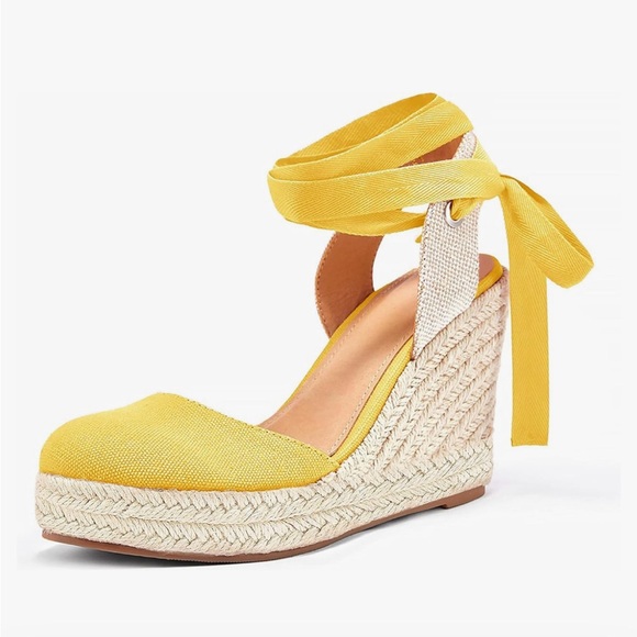 Size 9 sunny yellow espadrilles. 3 inch heel. Worn once. - Picture 6 of 6